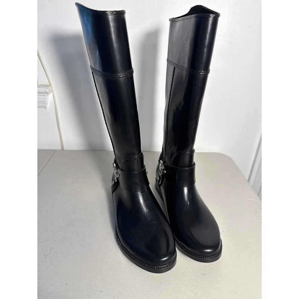 Michael Kors Fulton Harness Rain Boots Black Rubber Tall MK Logo Women 10M